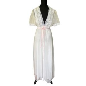 Vintage Gilead White Sheer Lace Nightgown Robe Set Pink Floral Embroidery S USA